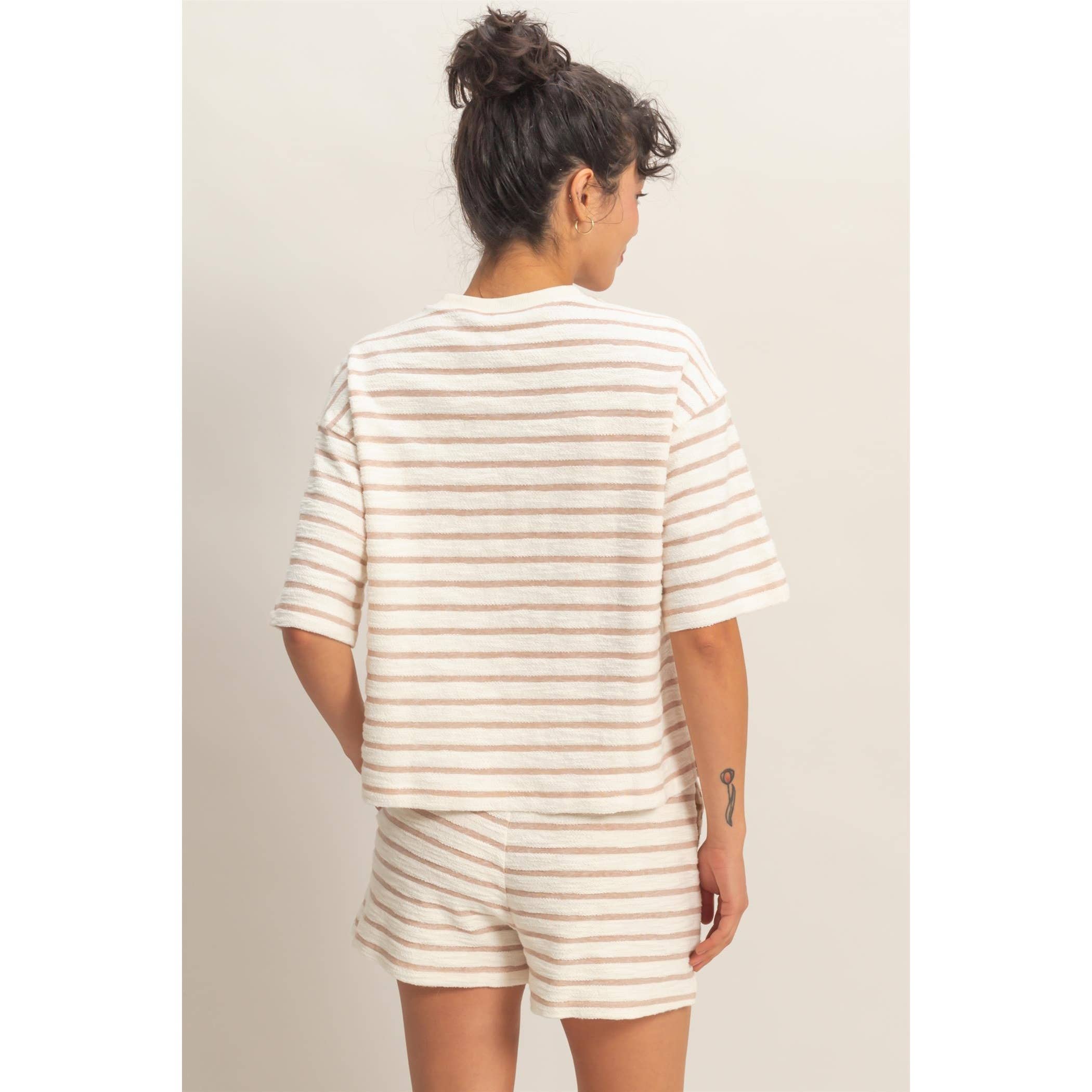 Striped Short Sleeve Terry Crew Neck Top