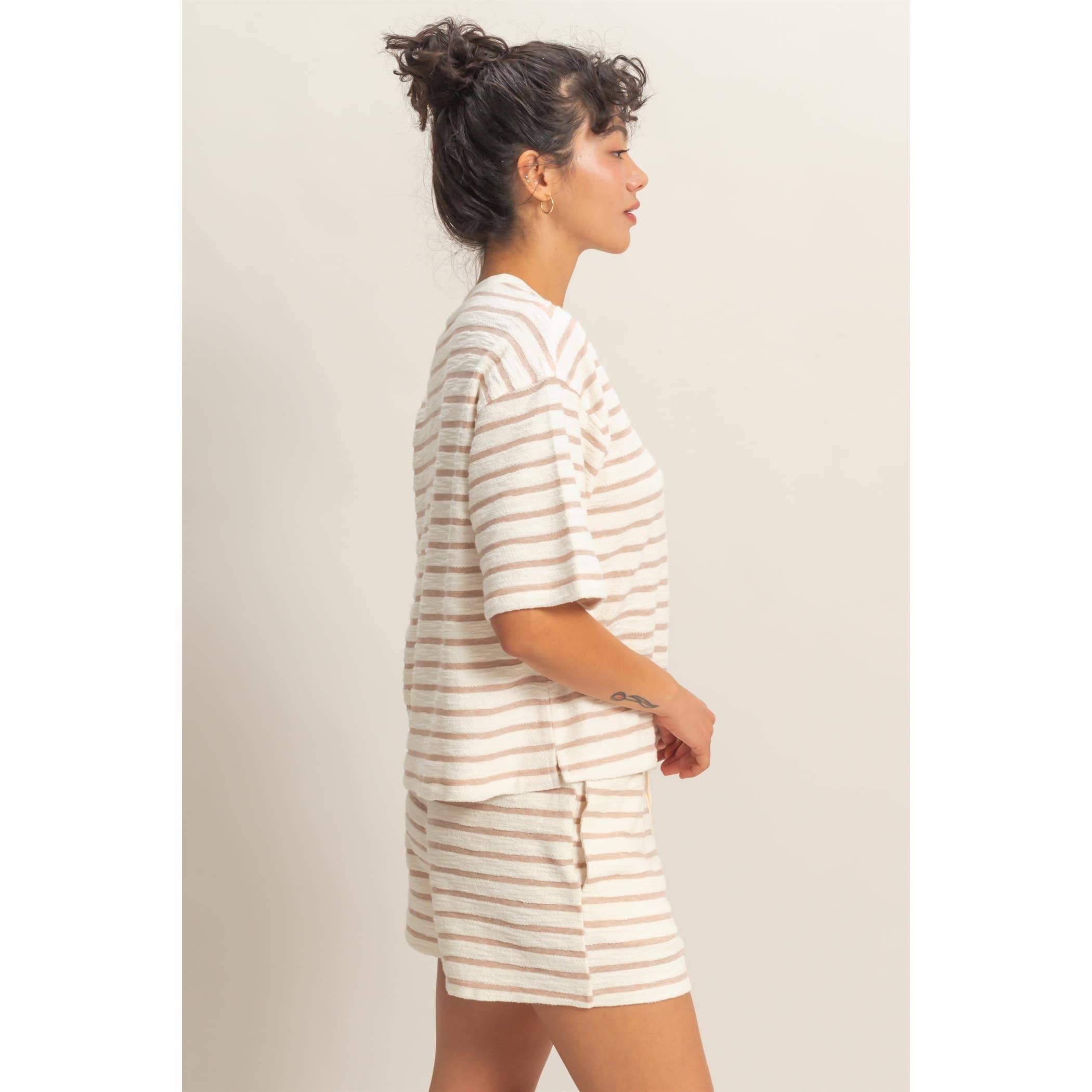 Striped Short Sleeve Terry Crew Neck Top