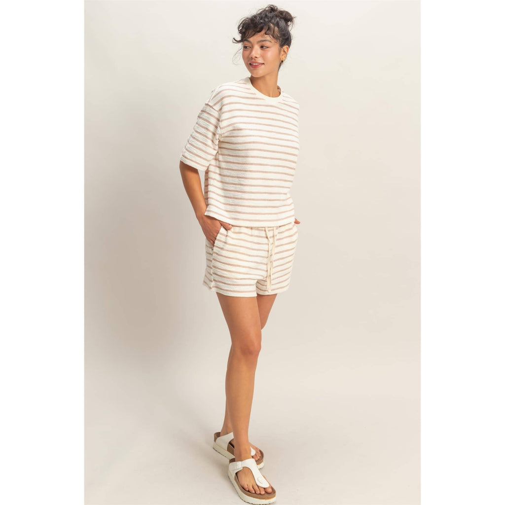 Striped Short Sleeve Terry Crew Neck Top