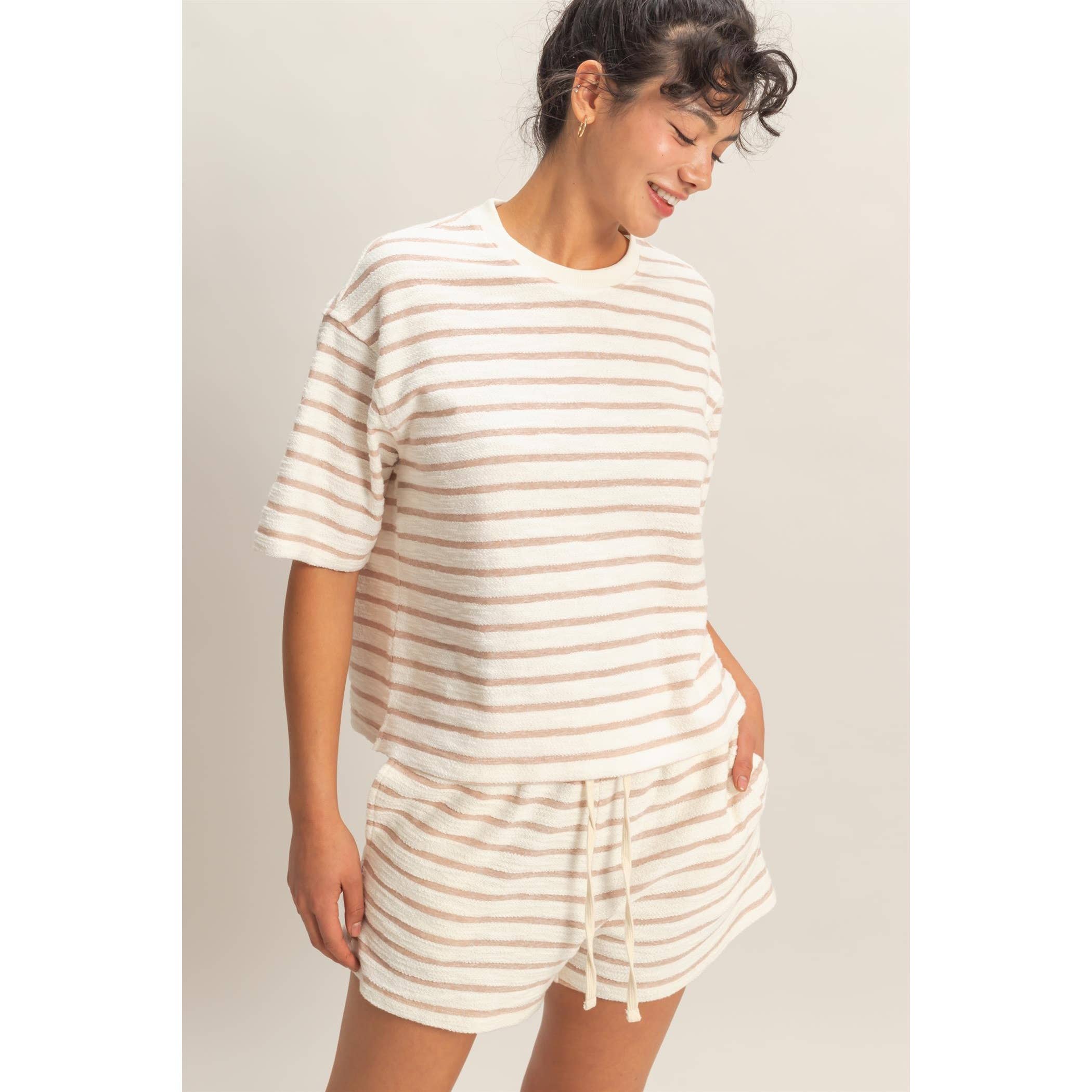 Striped Short Sleeve Terry Crew Neck Top