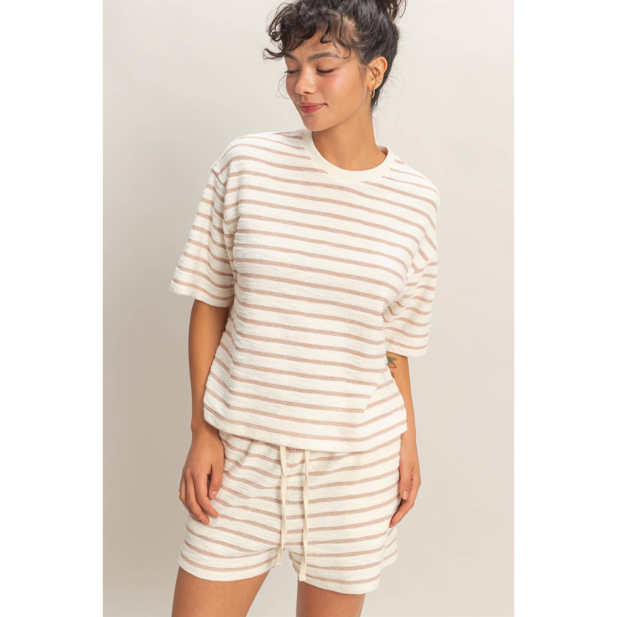 Striped Short Sleeve Terry Crew Neck Top