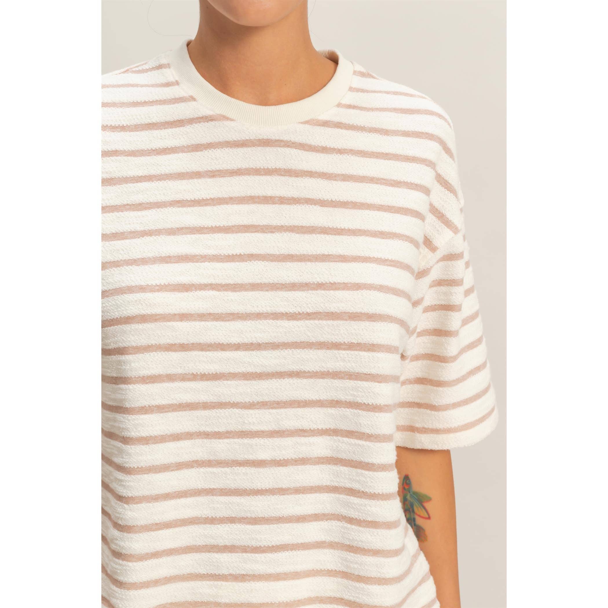 Striped Short Sleeve Terry Crew Neck Top